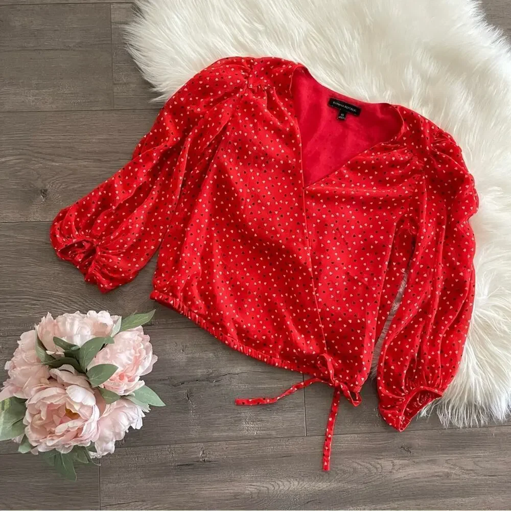 Banana Republic Puff Sleeve Wrap Red Hearts Tie‎ Blouse XS